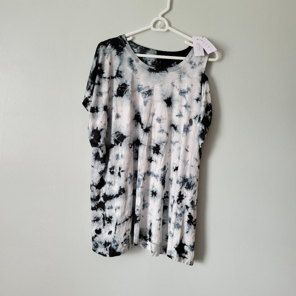 Lane Bryant Women's Blouse 26/28 4X Black Tie-Dye Stretch Cold Shoulder NWT